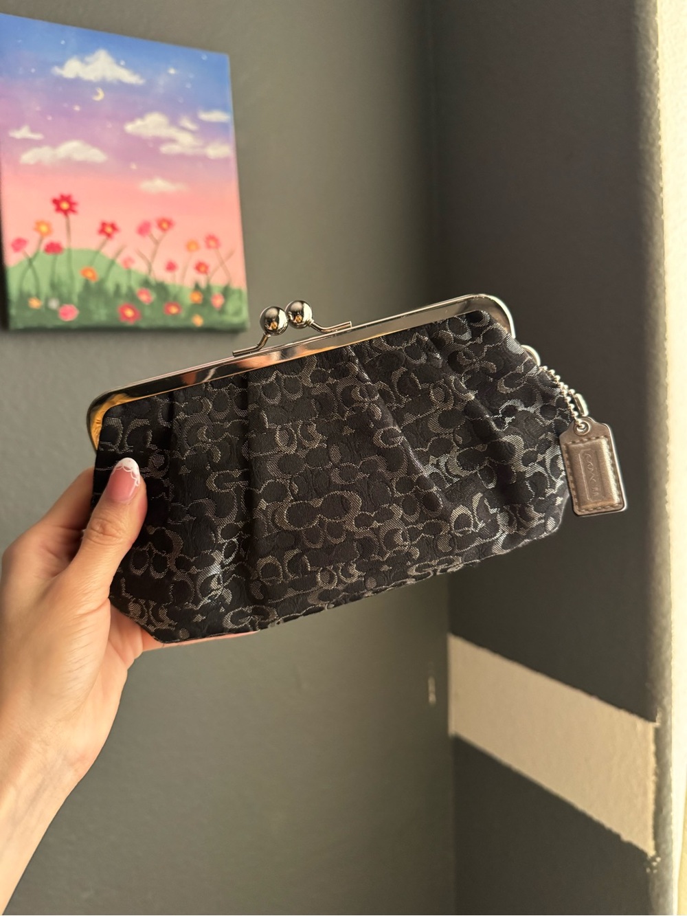 Coach Black Signature Jacquard Kiss-Lock Wristlet